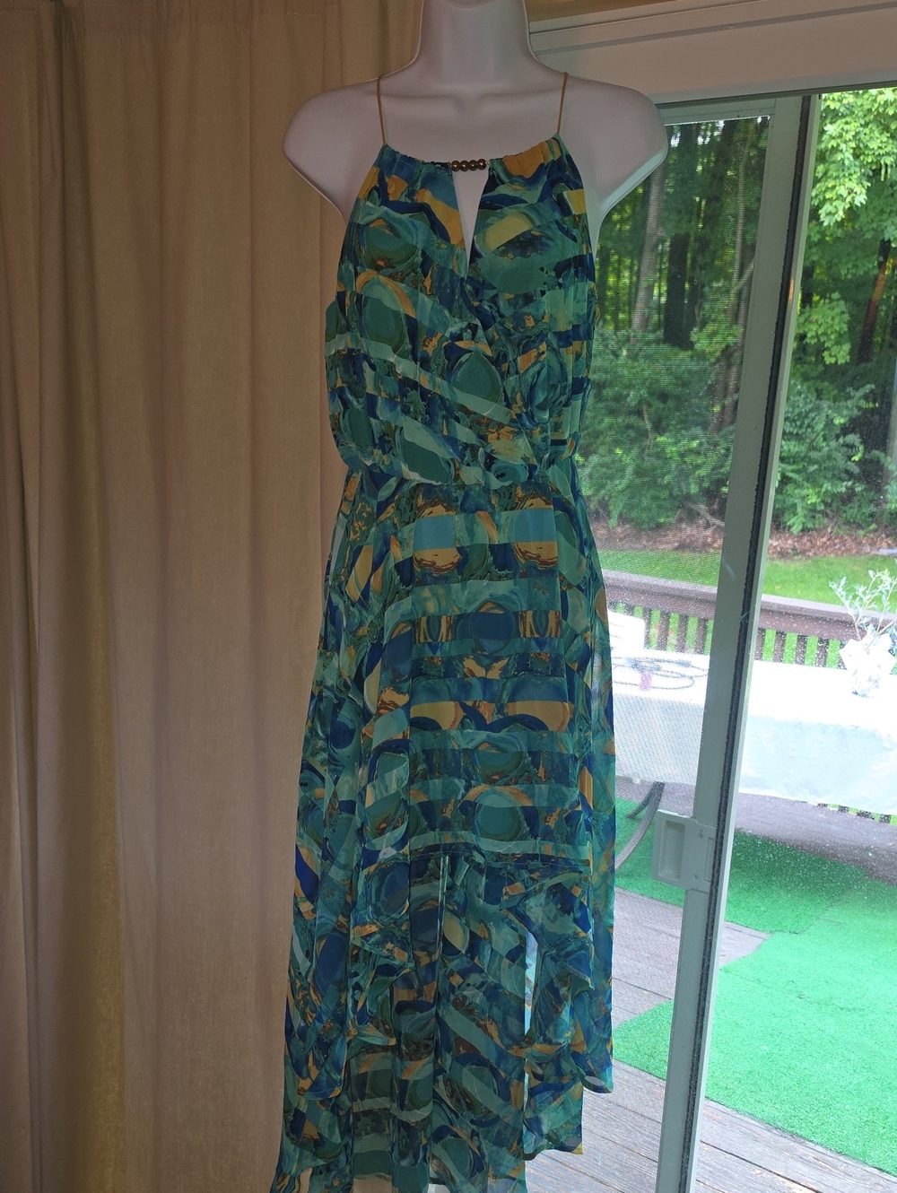 mark. Teal, Blue and Yellow Abstract High-Low Halter Dress